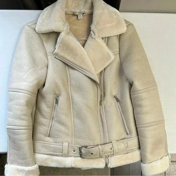 Topshop Cora Faux Shearling Moto Aviator Biker Jacket Cream Ecru Size 4 NWOT - Picture 14 of 16